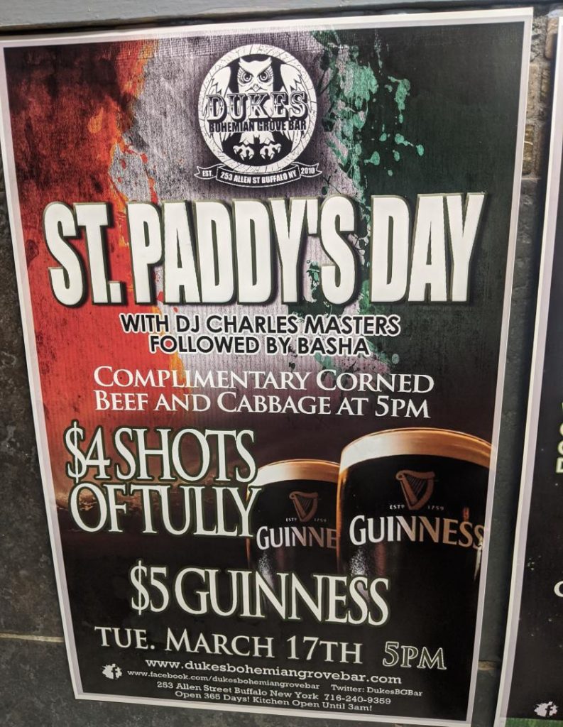 Flyer advertising a Saint Patrick's party at a bar in Buffalo.